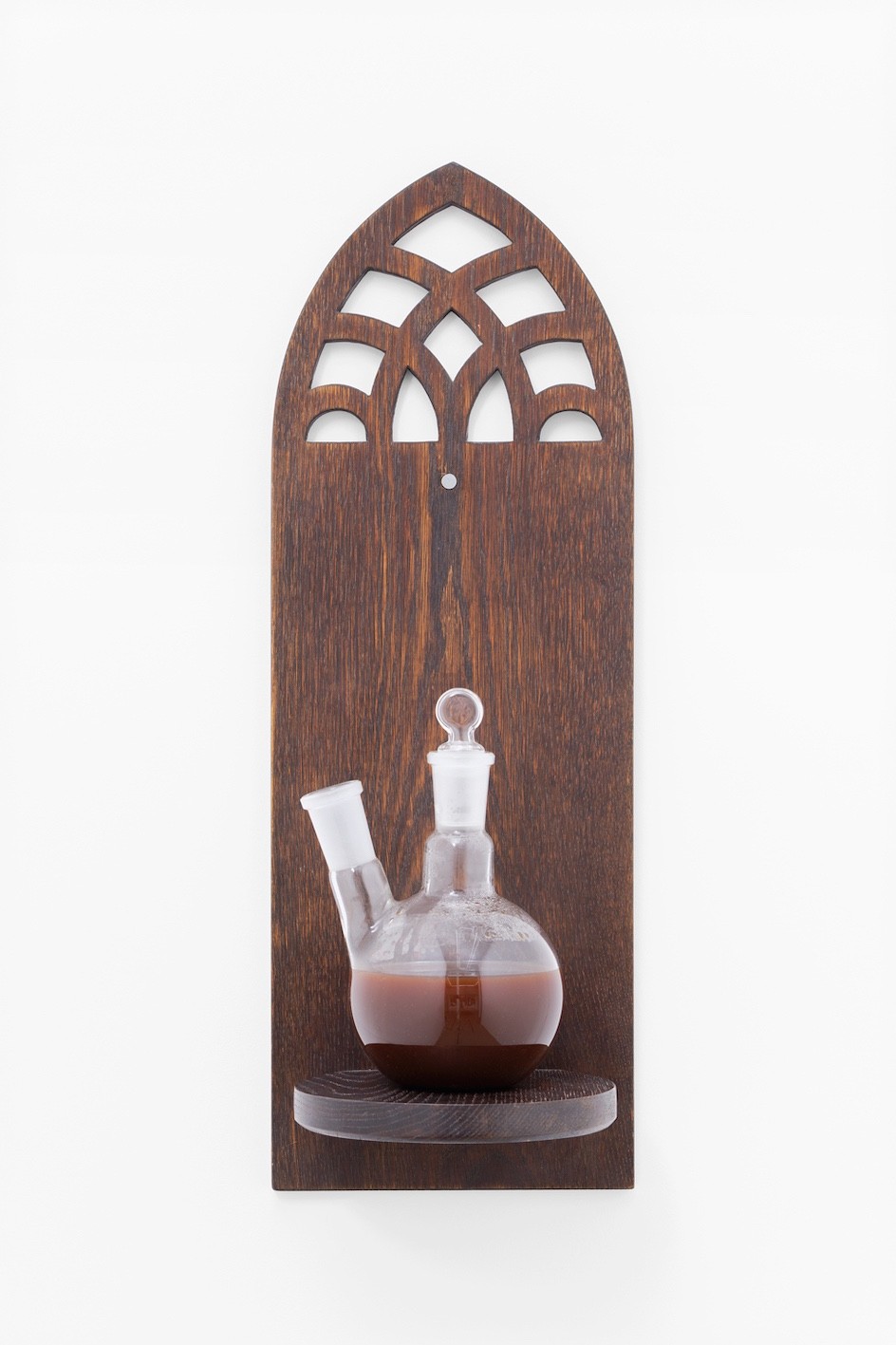 Concern, 2020, chemist glass distillation vessel, wooden iconostasis, cm. 55 x 19,5 x 16