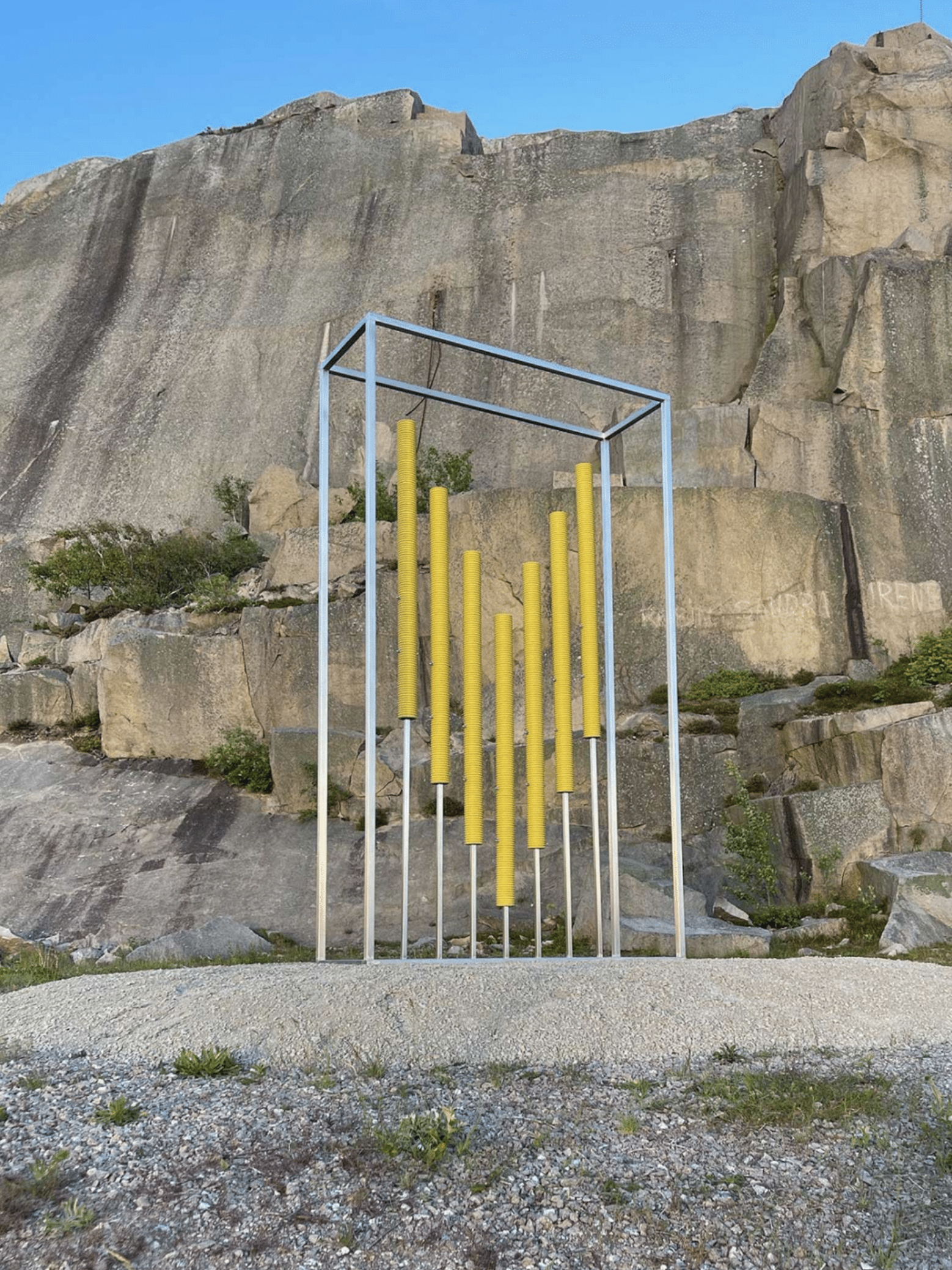 Phoenix, 2022, Stainless steel, cable protection pipes, 512 × 300 × 100 cm. Installation views and details Udden Skulpture, Norra kajen Hunnebostrand, Sweden